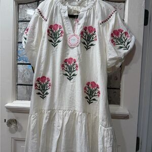 Umgee White Mini Dress with Pink Floral Embroidery